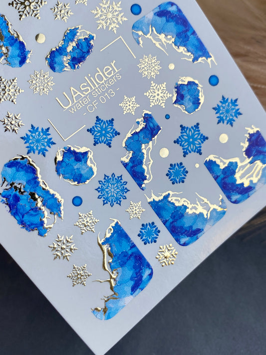 Nail Water Decal CF-013 | Marble Water Slide Nail Decals, Blue Stone Textures with Gold Foil and Snowflakes