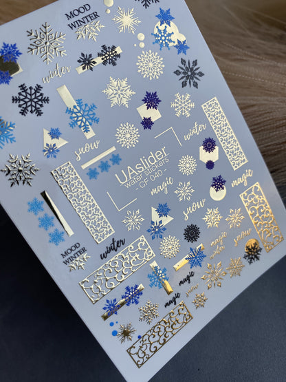 Nail Water Decal CF-040 | Winter Water Slide Nail Decals | Blue Snowflakes & Gold Foil Ornaments