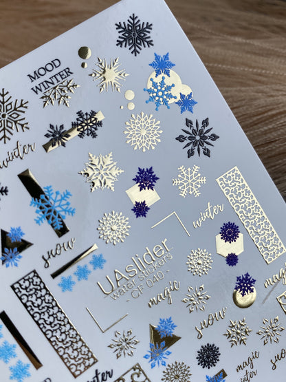 Nail Water Decal CF-040 | Winter Water Slide Nail Decals | Blue Snowflakes & Gold Foil Ornaments