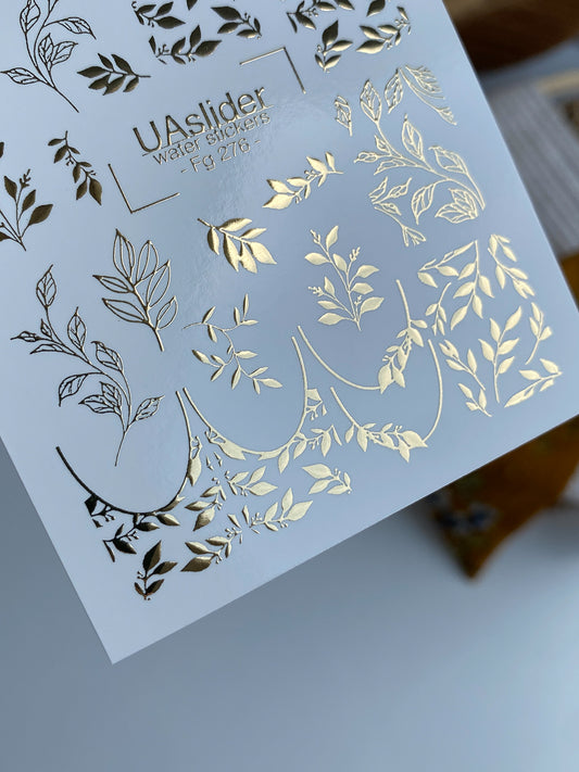 Nagel Wasserabziehbild Fg-276 | Wasserfolien Nagelabziehbilder | Goldfolie Botanische Blätter