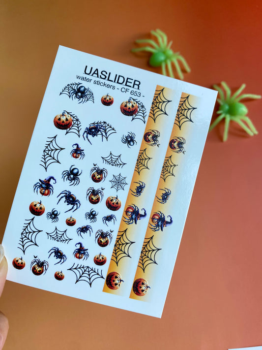 Nagel Wasserabziehbild CF-653 | Halloween Nagel Wasserabziehbilder | Kürbisse, Spinnen & Farbverlauf Netzstreifen