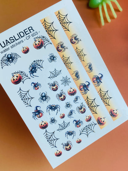 Nagel Wasserabziehbild CF-653 | Halloween Nagel Wasserabziehbilder | Kürbisse, Spinnen & Farbverlauf Netzstreifen