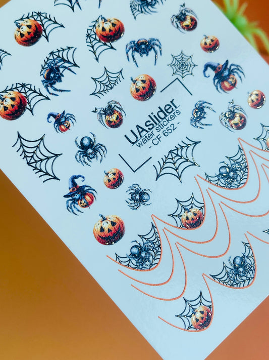 Nálepka na nehty CF-652 | Halloween vodní nálepky na nehty | Dýně, pavouci a pavučiny francouzské špičky