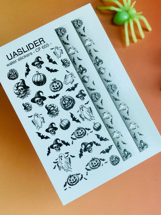Nagel-Wasserabziehbild CF-655 | Halloween Wassertransfer Nagelabziehbilder | Schwarze & weiße Geister, Totenköpfe & komplette Streifen