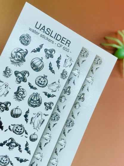 Nagel-Wasserabziehbild CF-655 | Halloween Wassertransfer Nagelabziehbilder | Schwarze & weiße Geister, Totenköpfe & komplette Streifen