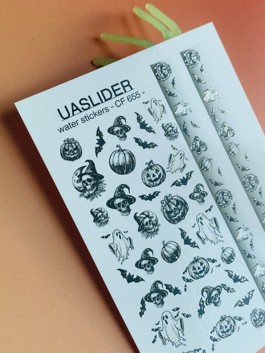 Nagel-Wasserabziehbild CF-655 | Halloween Wassertransfer Nagelabziehbilder | Schwarze & weiße Geister, Totenköpfe & komplette Streifen
