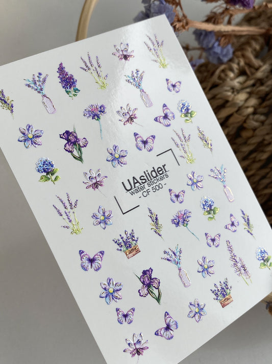 Décalcomanie d'eau pour ongles CF-500 | Décalcomanies d'eau pour ongles lavande et papillon | Autocollants pour ongles floraux violets CF-500