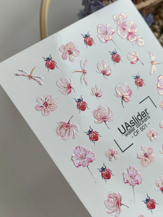 Nagel Wasserabziehbild CF-501 | Wasserabzieh-Nagelaufkleber mit Blumen & Marienkäfern | Frühlings-Nagelkunst