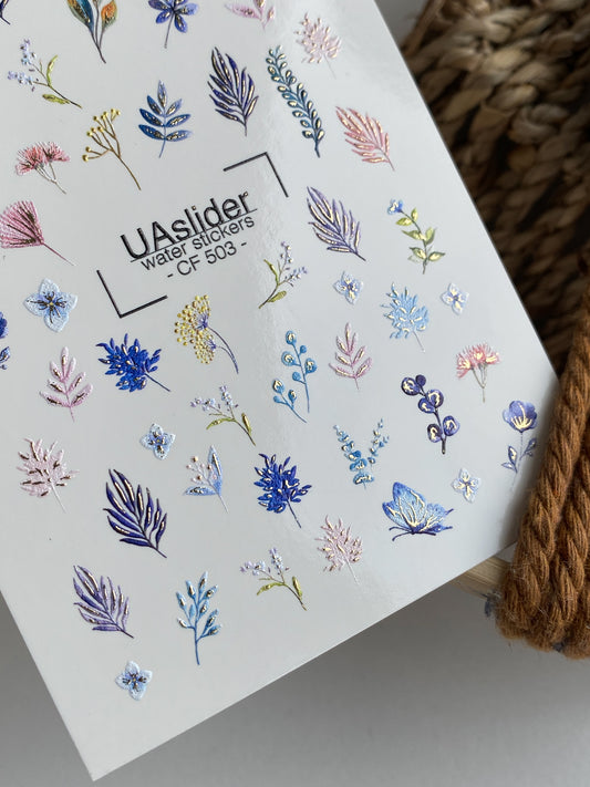 Nagel Wasserabziehbild CF-503 | Wasserfolien Nagelabziehbilder mit blauen Blumen & botanischen Blättern | Minimalistische florale Nagelkunst