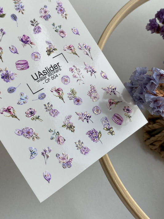 Décalcomanie d'ongles à l'eau CF-504 | Décalcomanies à glisser sur les ongles avec fleurs violettes et papillons | Art floral romantique pour ongles