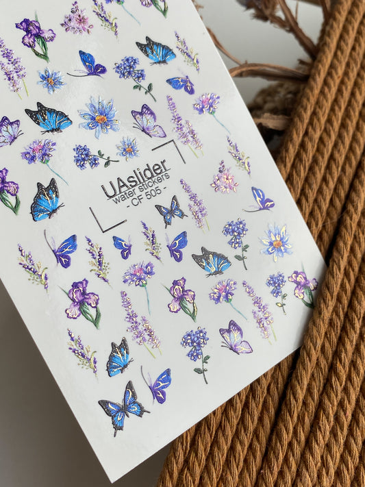Nagel Wasserabziehbild CF-505 | Wasserabziehbare Nagelaufkleber mit blauen Schmetterlingen & Lavendelblumen | Florale Nagelkunst
