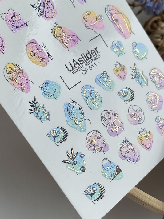 Nagel Wasserabziehbild CF-511 | Wasserfolien Nagelabziehbilder mit abstrakten Gesichtern | Moderne Linienkunst Nageltattoos