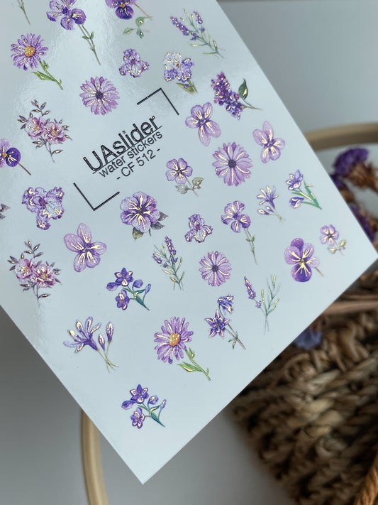 Nagel-Wasserabziehbild CF-512 | Wasserabzieh-Nagelaufkleber mit lila Blumen | Lavendel-Blumen-Nagelkunst