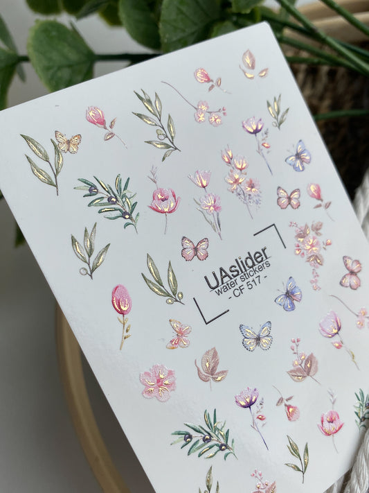 Nagel Wasserabziehbild CF-517 | Wasserabzieh-Nagelaufkleber mit Pastellblumen & Schmetterlingen | Botanische Nagelkunst