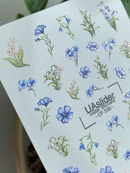 Nagel-Wasserabziehbild CF-530 | Wasser-Schiebefolien-Nagelaufkleber mit Vergissmeinnicht, Maiglöckchen & Glockenblumen | Zarte florale Nagelkunst