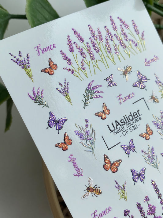 Nagel Wasserabziehbild CF-532 | Wasserfolien Nagelabziehbilder mit Lavendel, Schmetterlingen & Bienen | Provence Nagelkunst