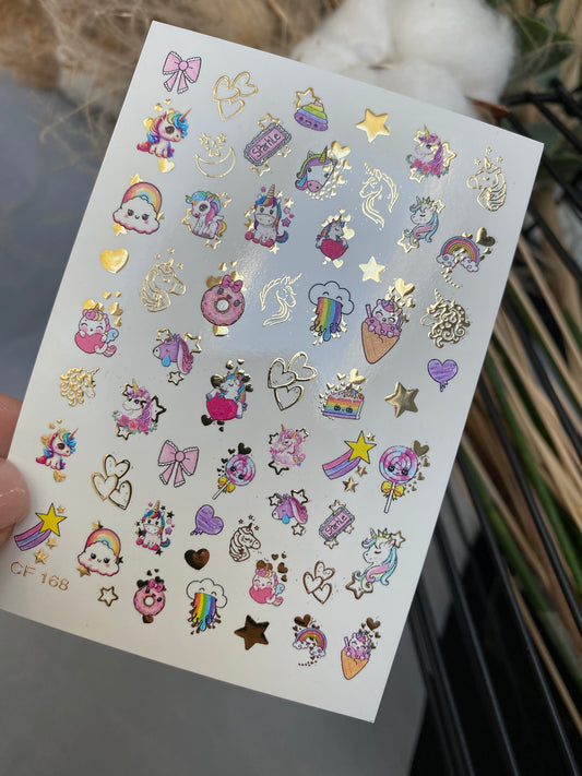 Nail Water Decal CF-168 | Nail Stickers | Unicorns, Rainbows & Cute Sweets with Gold Accents
