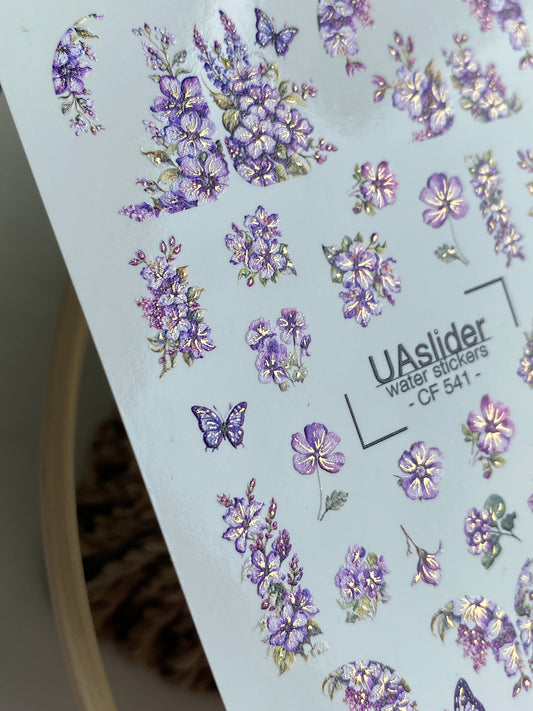 Nagel Wasserabziehbild CF-541 | Wasserabzieh-Nagelbilder mit lila Blumen & Schmetterlingen | Elegante florale Nagelkunst