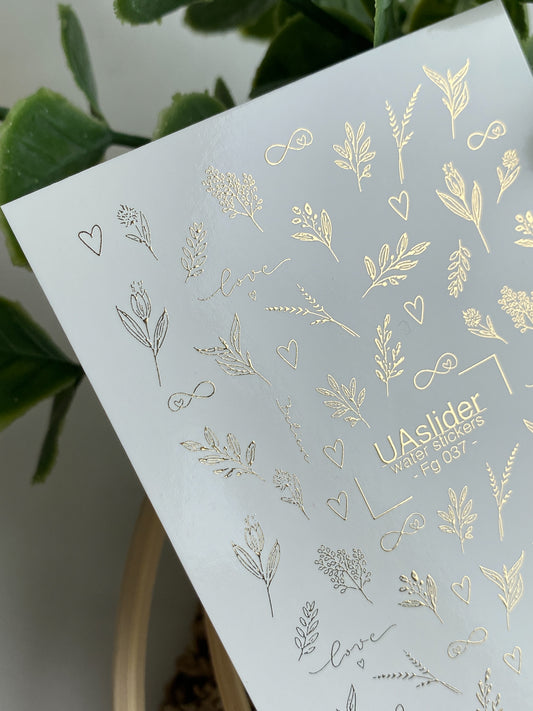 Nagel Wasserabziehbild Fg-037 | Goldene botanische Nagel Wasserabziehbilder mit Liebesbeschriftung | Romantische florale Nagelkunst