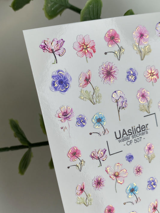 Décalcomanie d'ongles à l'eau CF-507 | Décalcomanies à glisser à l'eau pour ongles avec fleurs sauvages | Art floral coloré pour ongles