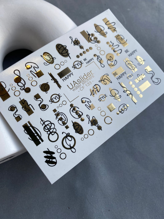Nail Water Decal CF-133 | Nail Stickers | Abstract Lines & Golden Accents