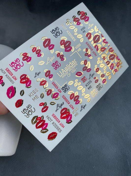Nail Water Decal CF-150 | Nail Stickers | Lips & Love Quotes in Red, Pink and Gold