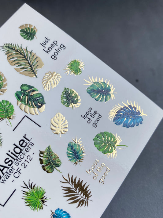 Nail Water Decal CF-212 | Nail Stickers | Tropical Green & Gold Leaves Water Decals with Quotes