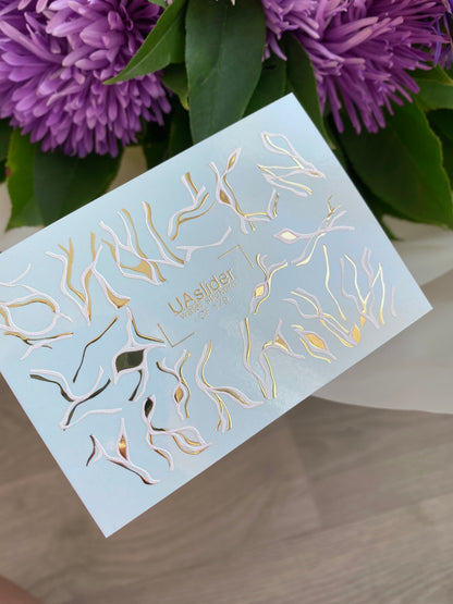 Nagel Wasserabziehbild CF-179 | Abstrakte Linien Nagel Wasserabziehbilder | Welliges Weiß & Gold Minimalistisches Design