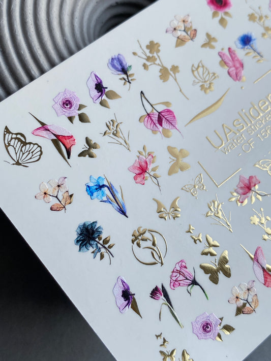 Nail Water Decal CF-156 | Nail Stickers | Delicate Wildflowers and Butterflies with Gold Accents