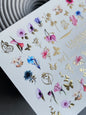 Adesivo per Unghie CF-156 | Delicati Adesivi per Unghie a Trasferimento d'Acqua con Motivi Floreali | Fiori Rosa e Blu con Farfalle in Foglia d'Oro