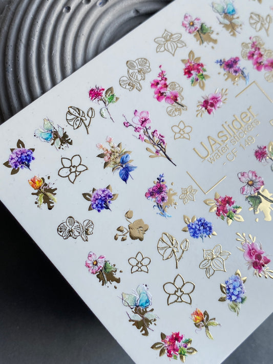 Nail Water Decal CF-149 | Nail Stickers | Floral Watercolor Bouquets with Golden Outlines