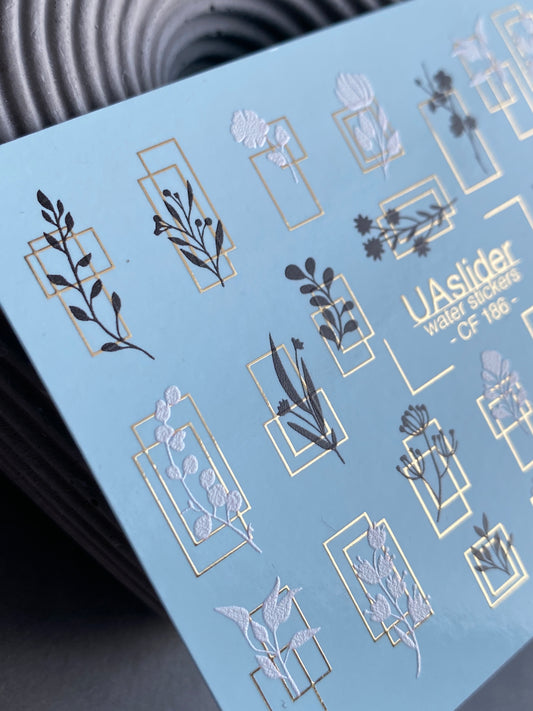 Nail Water Decal CF-186 | Nail Stickers | Minimalist Water Decals with Botanical Silhouettes in Frames