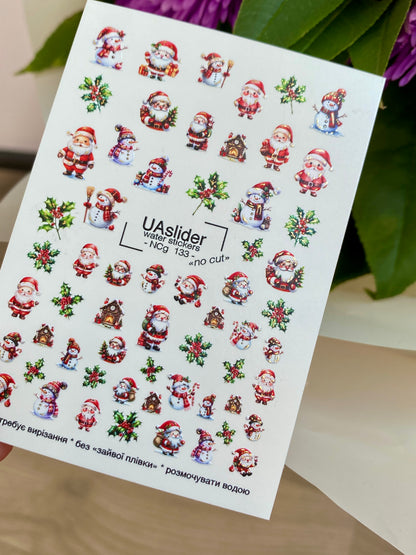 Nagel Wasserabziehbild NCg-133 | Wasserfolien Nagelaufkleber mit Weihnachtsmann und Schneemännern | Weihnachts Nagelkunst