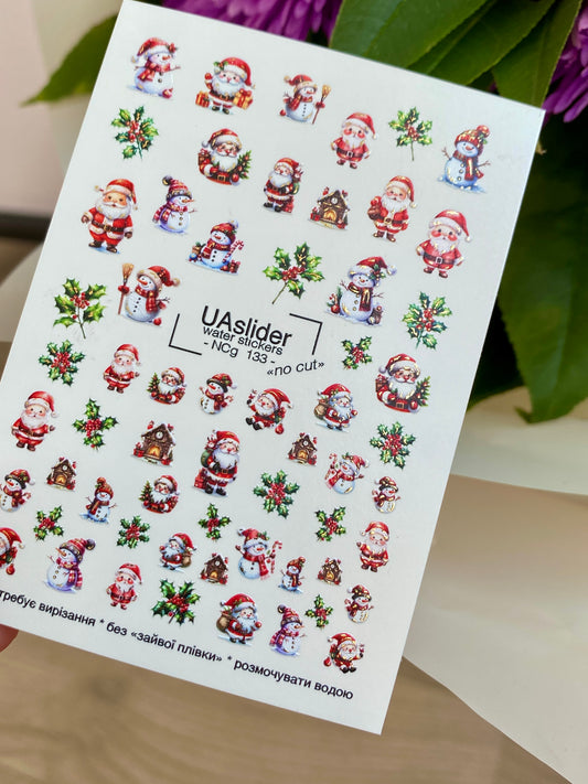 Nagel Wasserabziehbild NCg-133 | Wasserfolien Nagelaufkleber mit Weihnachtsmann und Schneemännern | Weihnachts Nagelkunst