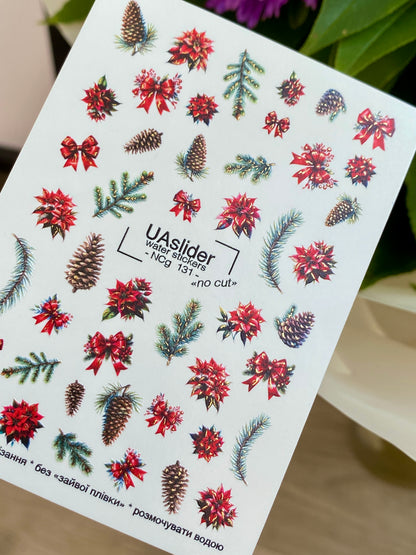 Nagel Wasserabziehbild NCg-131 | Wasserfolien Nagelaufkleber mit Weihnachtssternen und Kiefernzapfen | Weihnachtsnagelkunst