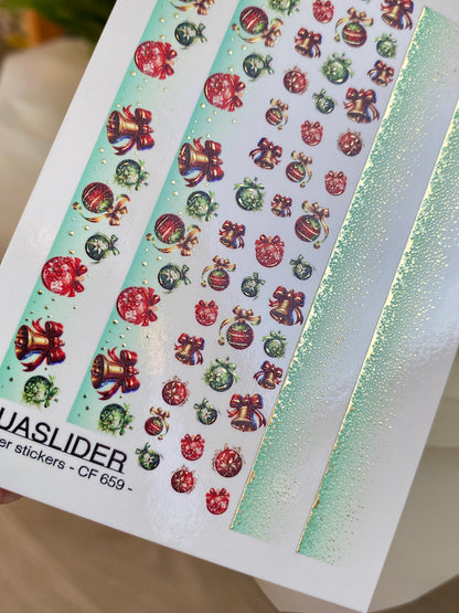 Nagel Wasserabziehbild CF-659 | Wasserabzieh-Nagelbilder mit Weihnachtsglocken & Ornamenten | Festliche Farbverlauf-Streifen