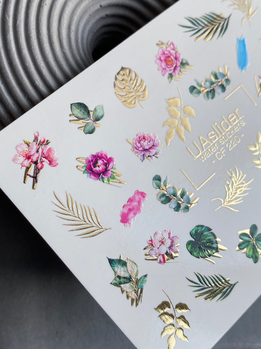 Nail Water Decal CF-220 | Nail Stickers | Floral & Leaves with Gold Foil Water Decals