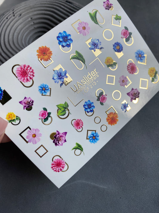 Nail Water Decal CF-213 | Nail Stickers | Colorful Flowers with Gold Geometric Frames Water Decals