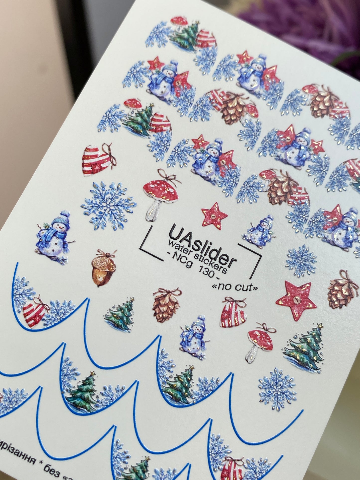 Calcomanía de agua para uñas NCg-130 | Calcomanías deslizantes para uñas con muñecos de nieve y árboles de Navidad | Arte de uñas festivo de invierno