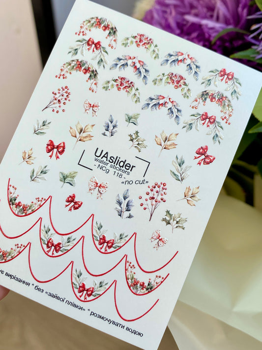 Nagel Wasserabziehbild NCg-118 | Wasserabzieh-Nagelaufkleber mit Winterbeeren | Festliche Feiertags-Nagelkunst
