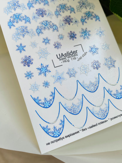 Nagel Wasserabziehbild NCg-119 | Wasserfolien Nagelaufkleber mit blauen Schneeflocken | Winter Nagelkunst