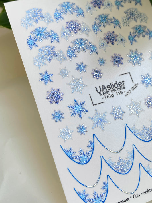Nagel Wasserabziehbild NCg-119 | Wasserfolien Nagelaufkleber mit blauen Schneeflocken | Winter Nagelkunst
