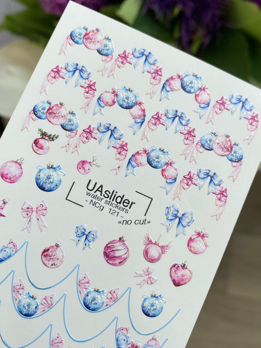 Décalcomanie d'ongles NCg-121 | Décalcomanies à glissière d'eau pour ongles avec ornements de Noël | Art d'ongles festif pour les fêtes
