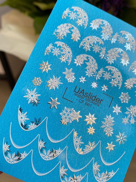 Adesivo para Unhas CF-661 | Adesivos para Unhas Deslizantes com Flocos de Neve Prateados | Pontas Francesas de Inverno