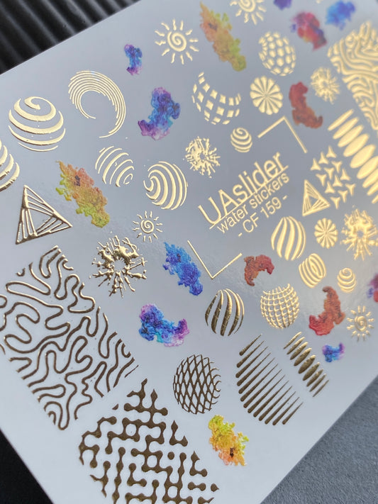 Nail Water Decal CF-159 | Nail Stickers | Geometric Patterns with Gold Accents & Colorful Abstract Splashes