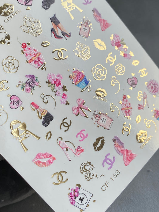 Nail Water Decal CF-153 | Nail Stickers | Fashion & Glam with Flowers, Heels, Lips and Gold Accents