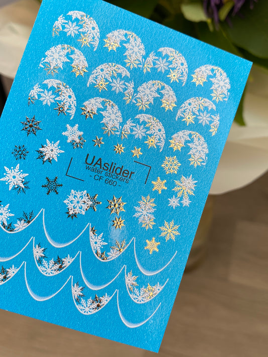 Adesivo para Unhas CF-660 | Adesivos para Unhas com Deslizamento na Água com Flocos de Neve Prateados e Dourados | Pontas Francesas Festivas