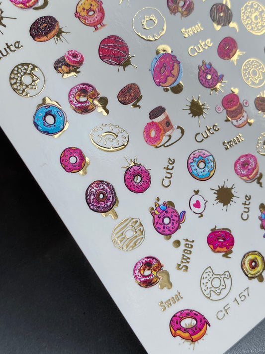 Nail Water Decal CF-157 | Nail Stickers | Colorful Donuts and Sweet Treats with Gold Accents