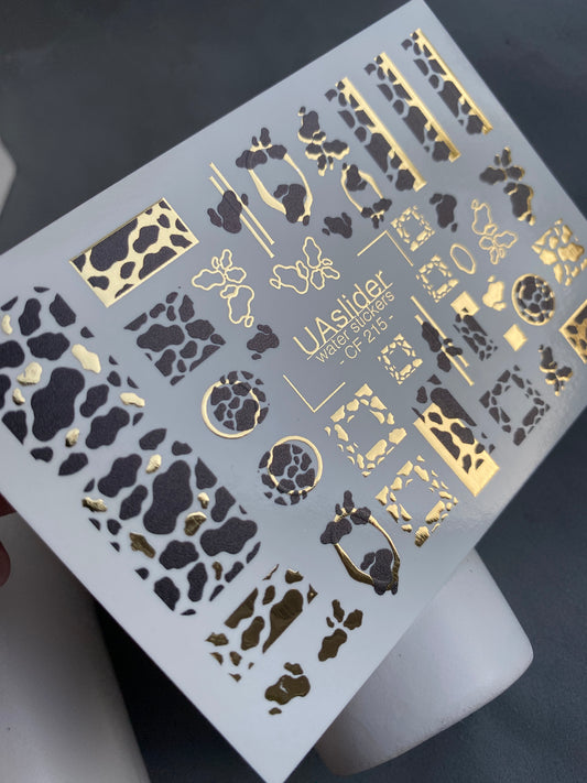 Nail Water Decal CF-215 | Nail Stickers | Cow Print with Gold Geometric Elements Water Decals