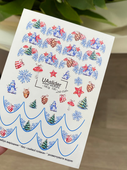 Calcomanía de agua para uñas NCg-130 | Calcomanías deslizantes para uñas con muñecos de nieve y árboles de Navidad | Arte de uñas festivo de invierno